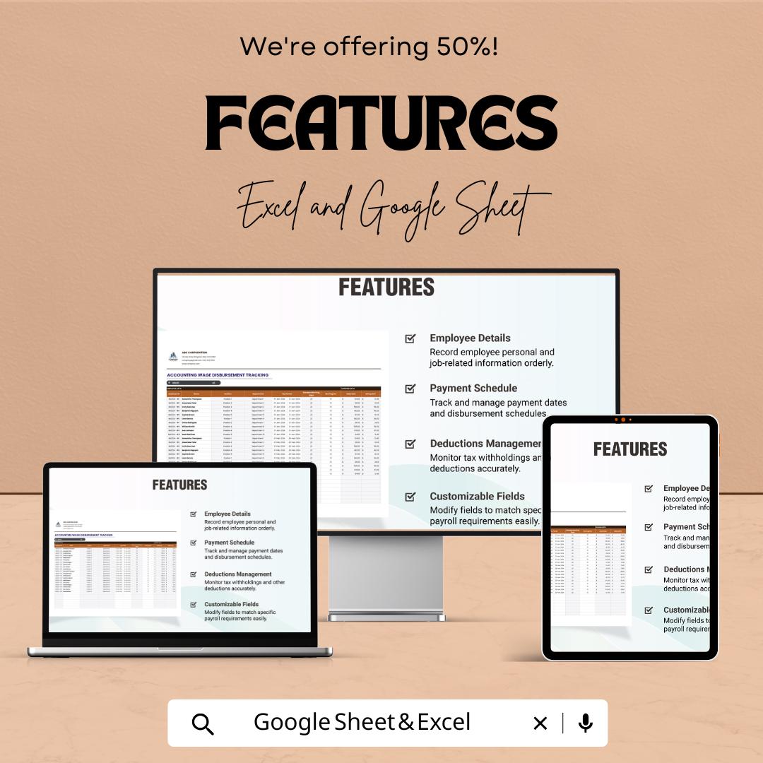 Accounting Wage Disbursement Tracking Template | Payroll Tracking Spreadsheet | Employee Payroll Log | Wage Management Tool