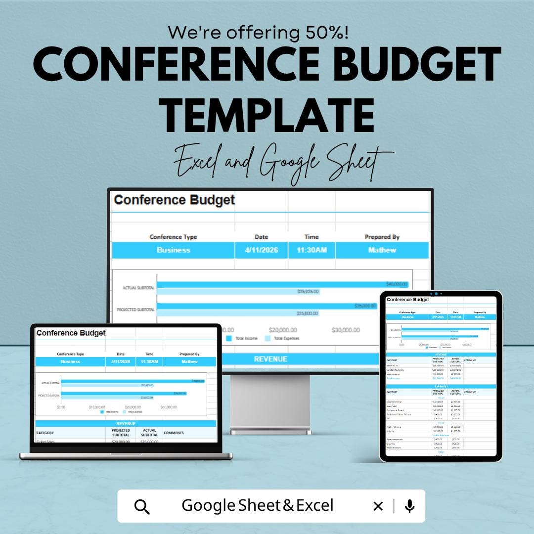 Conference Budget Template | Event Budget Spreadsheet | Expense Tracker | Event Planner Budget | Financial Planning Sheet
