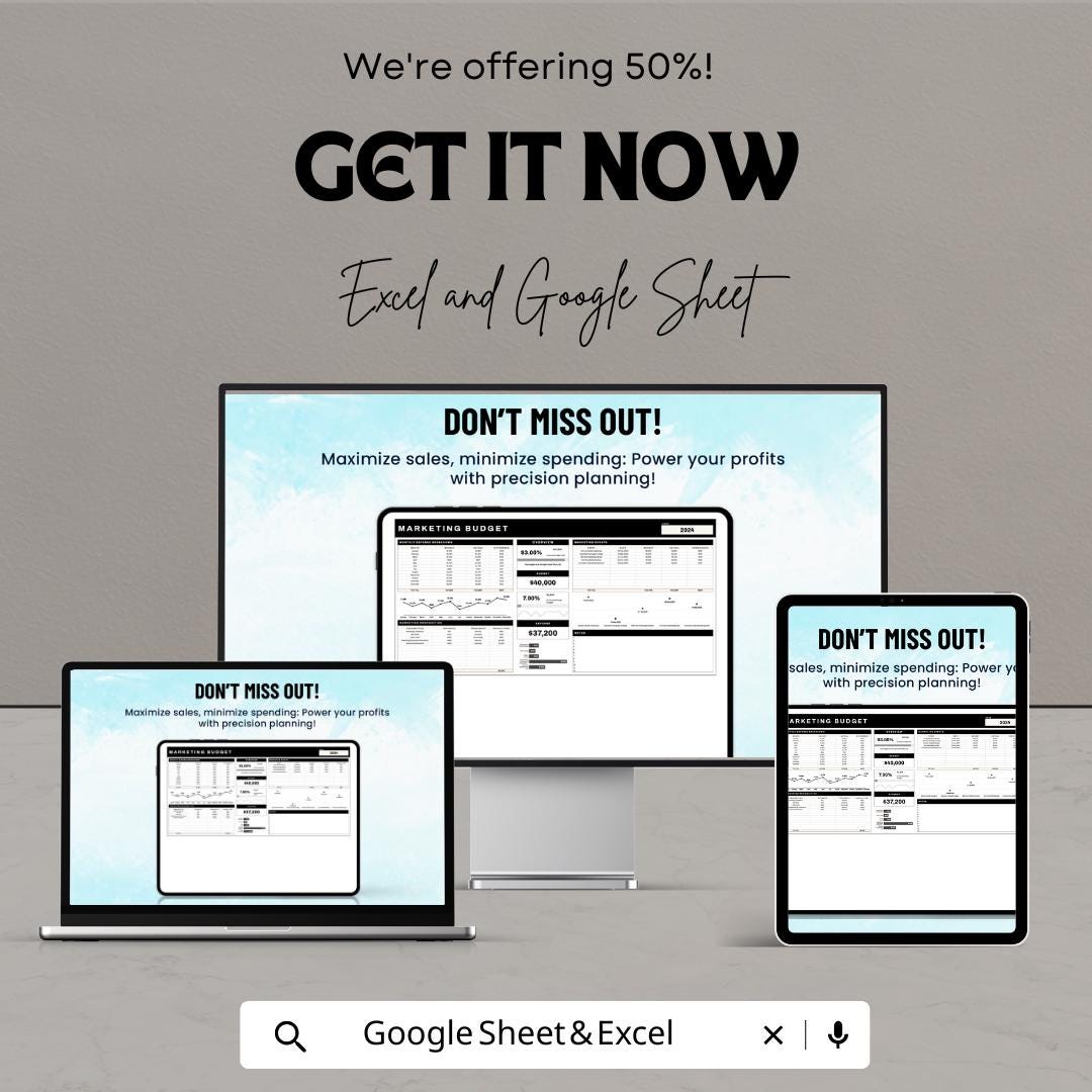 E-commerce Marketing Budget Template | Marketing Budget Planner | Marketing Expense Tracker | Excel & Google Sheets Template |