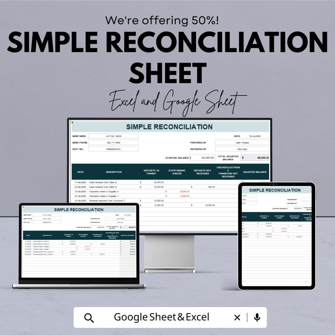 Simple Reconciliation Sheet for Quick Financial Balancing | Excel & Google Sheets Template | Automated Matching and Error Detection