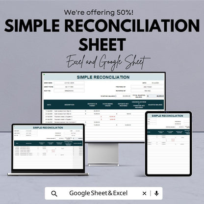 Simple Reconciliation Sheet for Quick Financial Balancing | Excel & Google Sheets Template | Automated Matching and Error Detection