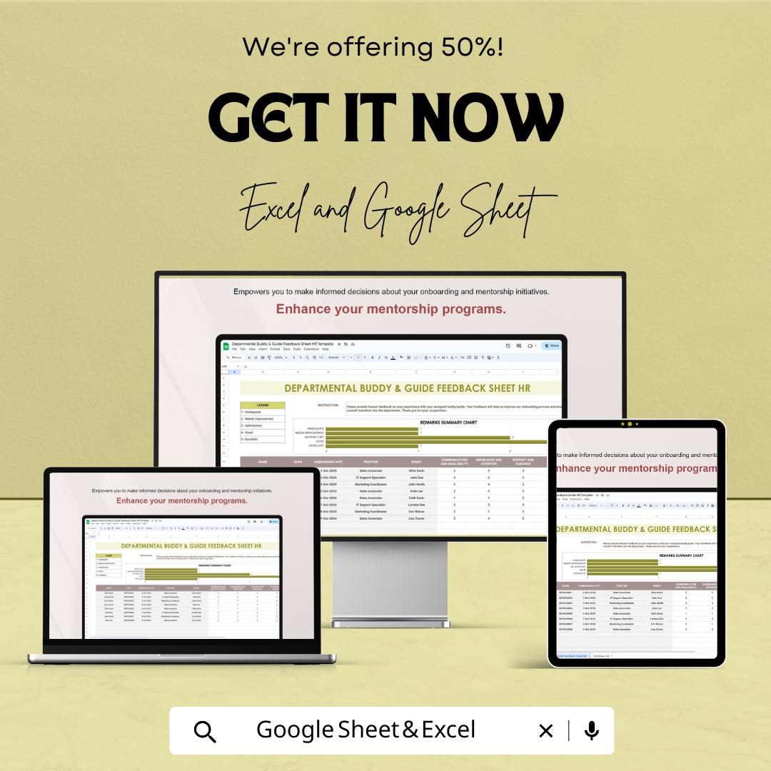 Departmental Buddy & Guide Feedback Sheet HR Template | Employee Onboarding Feedback | Excel and Google Sheets
