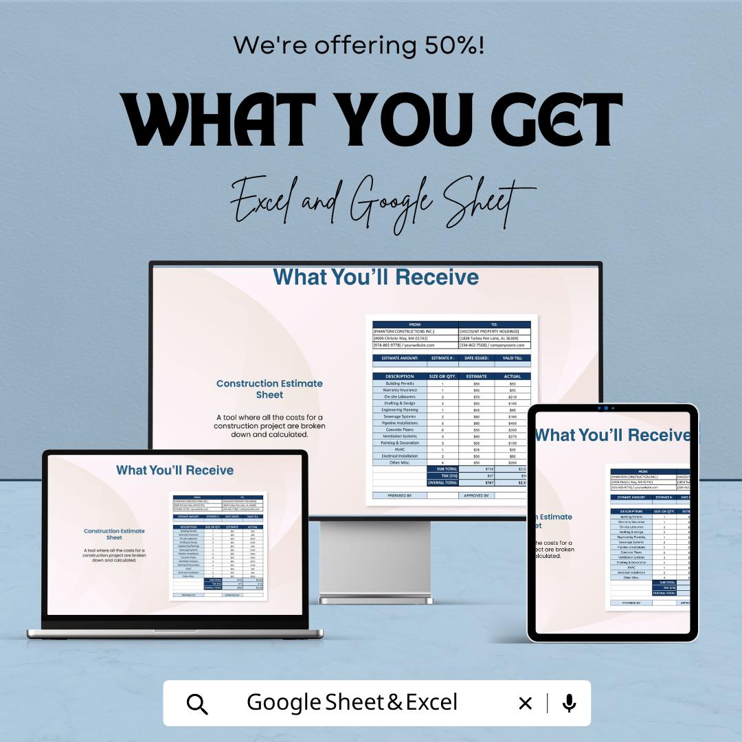 General Construction Estimate Template | Construction Cost Spreadsheet | Building Estimate Template | Excel & Google Sheets |