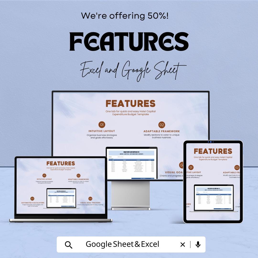 Hotel Capital Expenditure Budget Sheet – Excel and Google Sheets – Manage Hotel Investments & Expenses Efficiently – 50% OFF