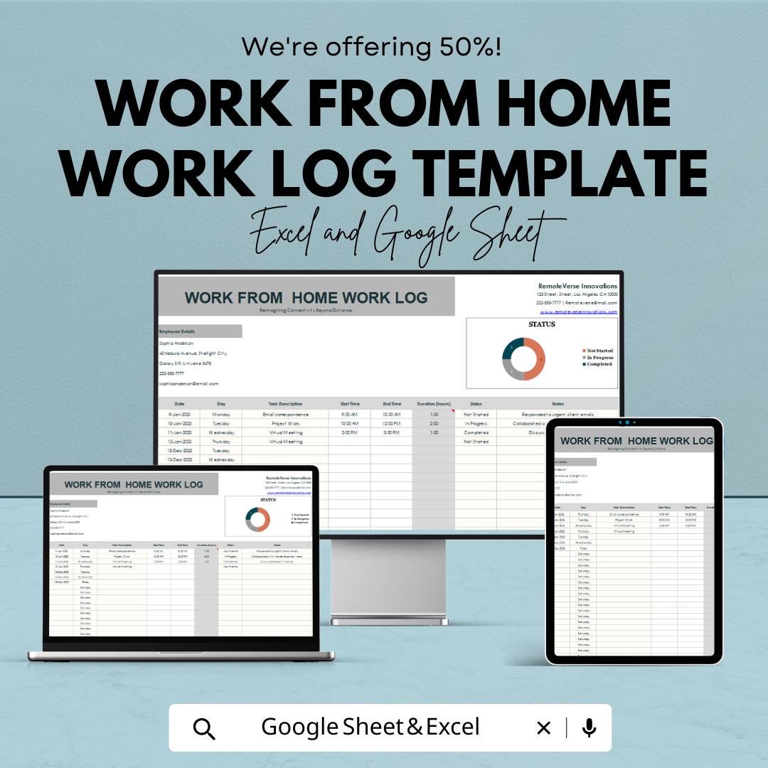 Work From Home Work Log Template | Remote Work Tracker Spreadsheet |  Work Log | Employee Work Log Sheet | Productivity Tracker