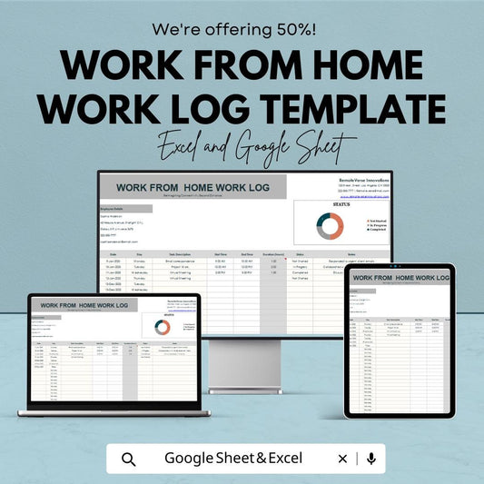 Work From Home Work Log Template | Remote Work Tracker Spreadsheet |  Work Log | Employee Work Log Sheet | Productivity Tracker