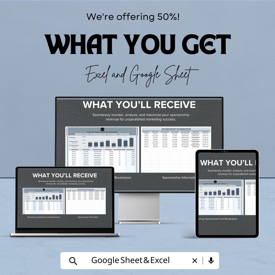Marketing Sponsorship Revenue Tracker Sheet | Excel and Google Sheets | Budget & ROI Dashboard