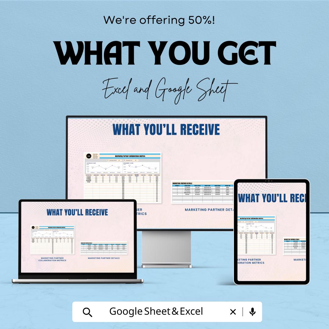 Marketing Partner Collaboration Metrics Sheet | Excel & Google Sheet | 50% OFF | Performance Tracking and Goal Setting Template