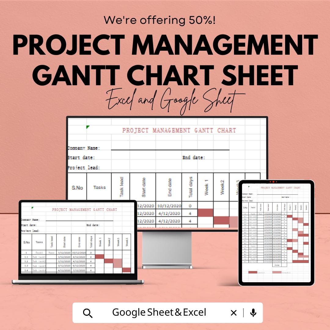Project Management Gantt Chart Sheet | Excel & Google Sheets | Timeline Tracker | Project Planner | Task Milestone Chart | Editable Template