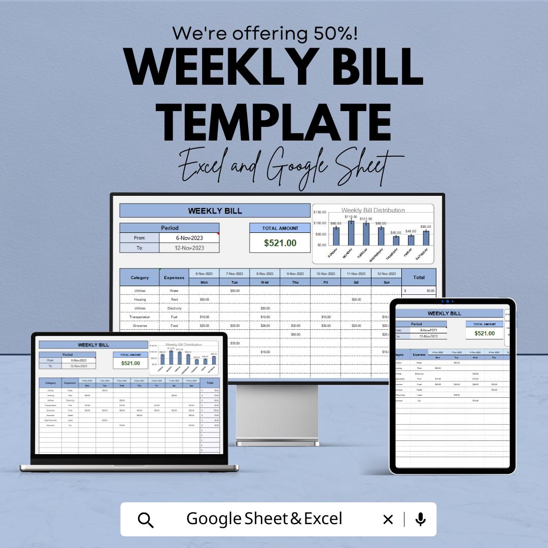 Weekly Bill Template | Bill Tracker Printable | Weekly Expense Tracker Excel & Google Sheets | Budget Planner Template
