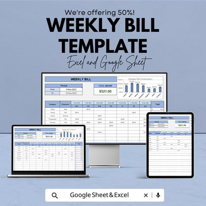Weekly Bill Template | Bill Tracker Printable | Weekly Expense Tracker Excel & Google Sheets | Budget Planner Template