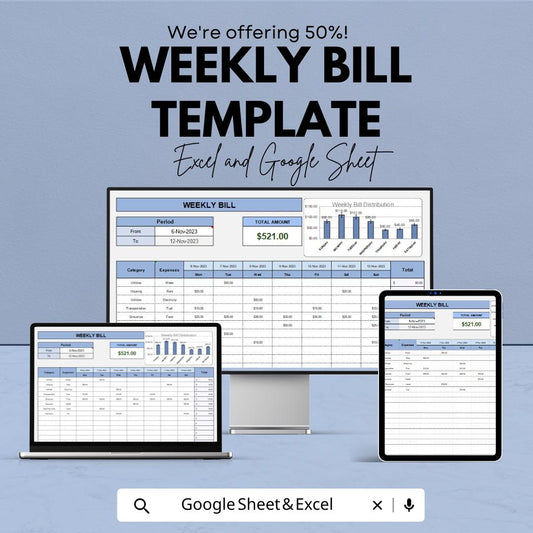 Weekly Bill Template | Bill Tracker Printable | Weekly Expense Tracker Excel & Google Sheets | Budget Planner Template