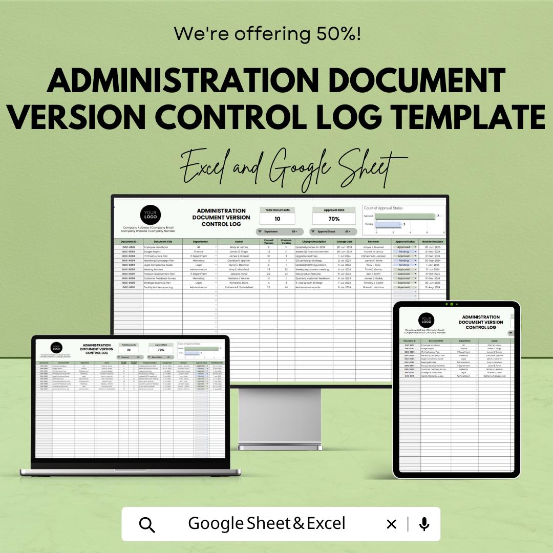 Administration Document Version Control Log Template, Excel & Google Sheets, Document Tracker, Version History Log, Change Log Spreadsheet