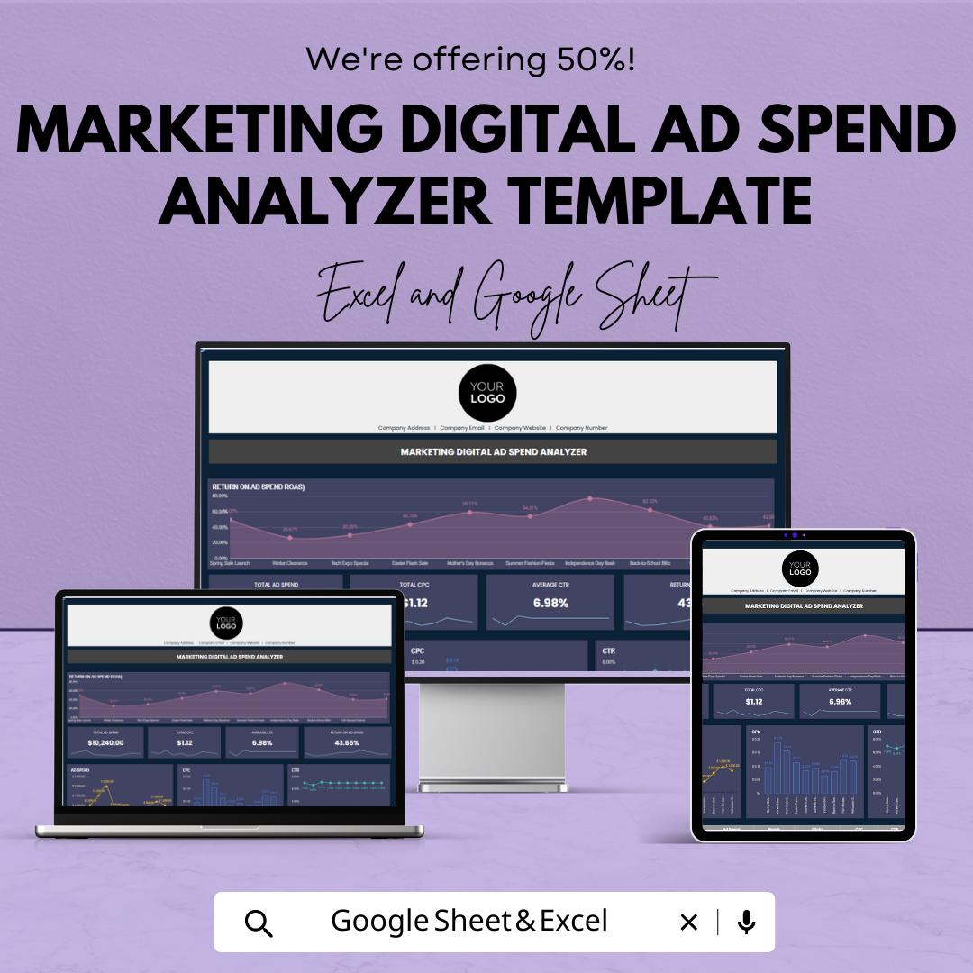 Marketing Ad Spend Analyzer Template | Digital Marketing Dashboard | ROI Tracker Spreadsheet | Excel & Google Sheets Campaign Performance
