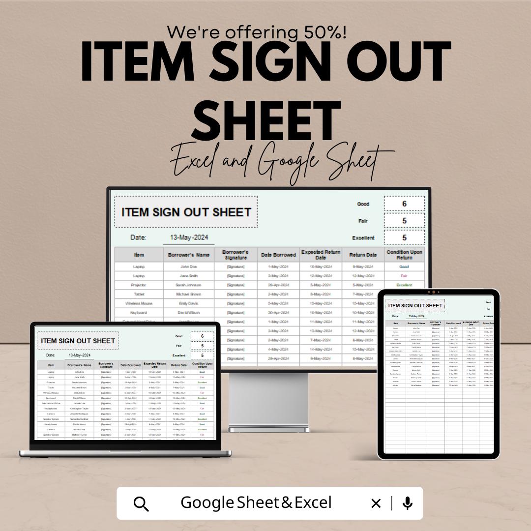 Item Sign Out Sheet - Excel and Google Sheet Template for Item Tracking | Borrowers, Return Dates, Condition & More