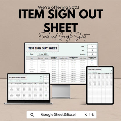 Item Sign Out Sheet - Excel and Google Sheet Template for Item Tracking | Borrowers, Return Dates, Condition & More