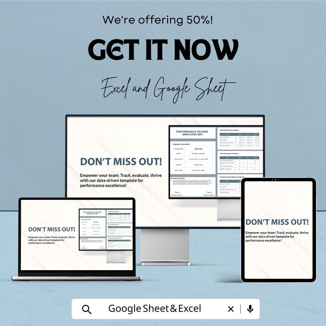 Performance Review Employee KPI Sheet | KPI Dashboard | Staff Evaluation Template | HR Google Sheet & Excel | Employee Performance Tracker