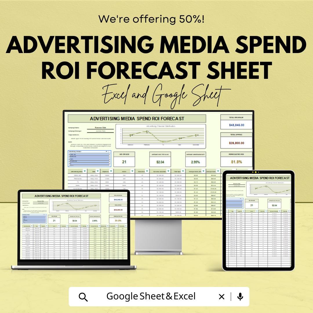 Media Spend ROI Forecast Sheet | Excel & Google Sheets | Advertising ROI Calculator | Campaign Budget Tracker | Marketing Spend Planner