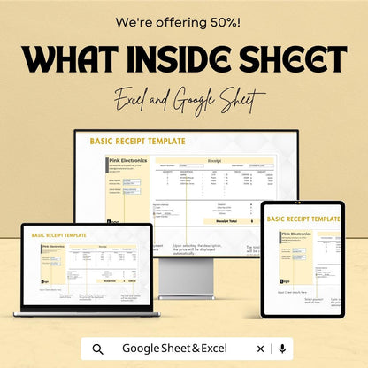 Basic Receipt Sheet for Excel & Google Sheets – Simple Receipt Template, Editable Invoice, Payment Record, Cash Receipt, 50% Off