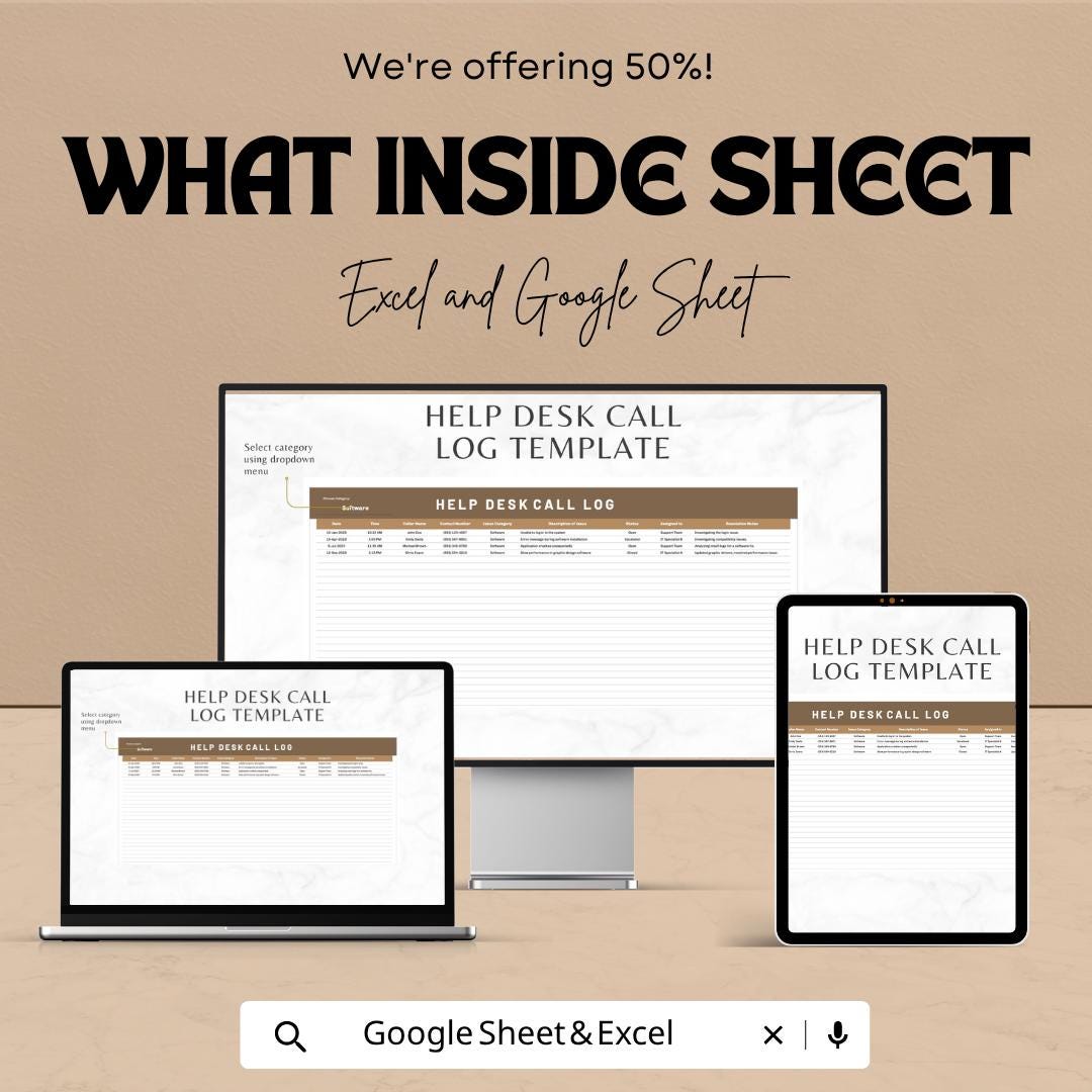 Help Desk Call Log Template Excel | IT Support Log Sheet | Customer Service Tracker | Call Tracking Spreadsheet | Google Sheets Log