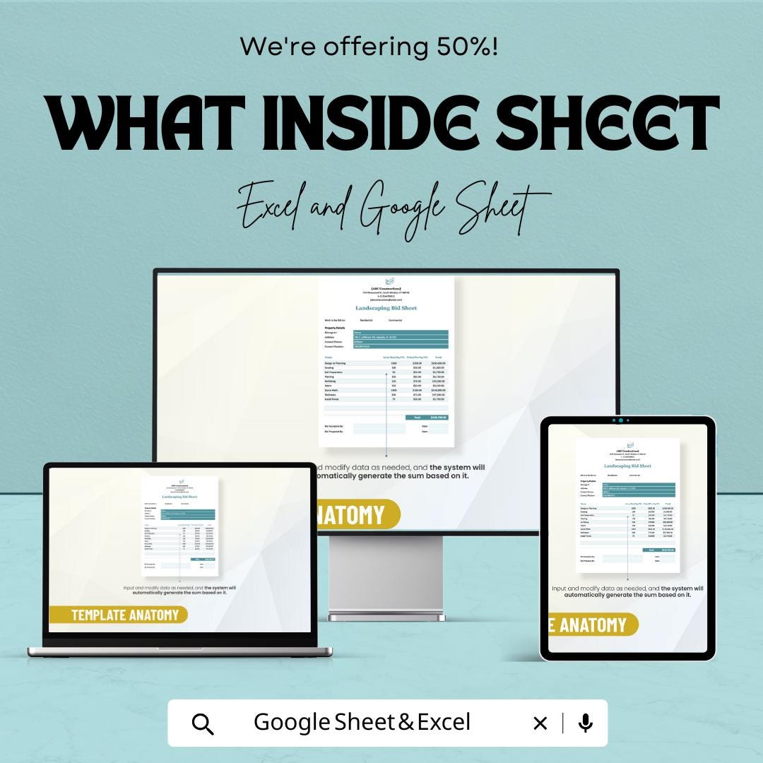 Landscaping Bid Sheet Template | Professional Excel & Google Sheet | Project Cost Breakdown | Easy to Customize | Instant Download