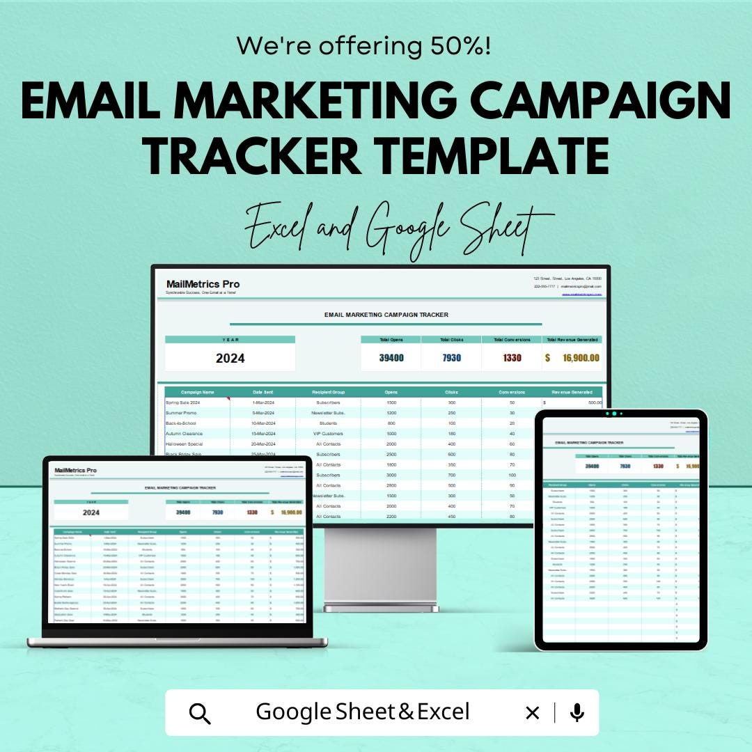 Email Marketing Campaign Tracker Template | Email Metrics Dashboard | Campaign Analytics Spreadsheet | Digital Marketing Planner