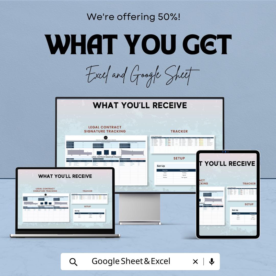 Legal Contract Signature Tracking Template | Contract Signature Tracker | Agreement Signing Log | Excel & Google Sheets