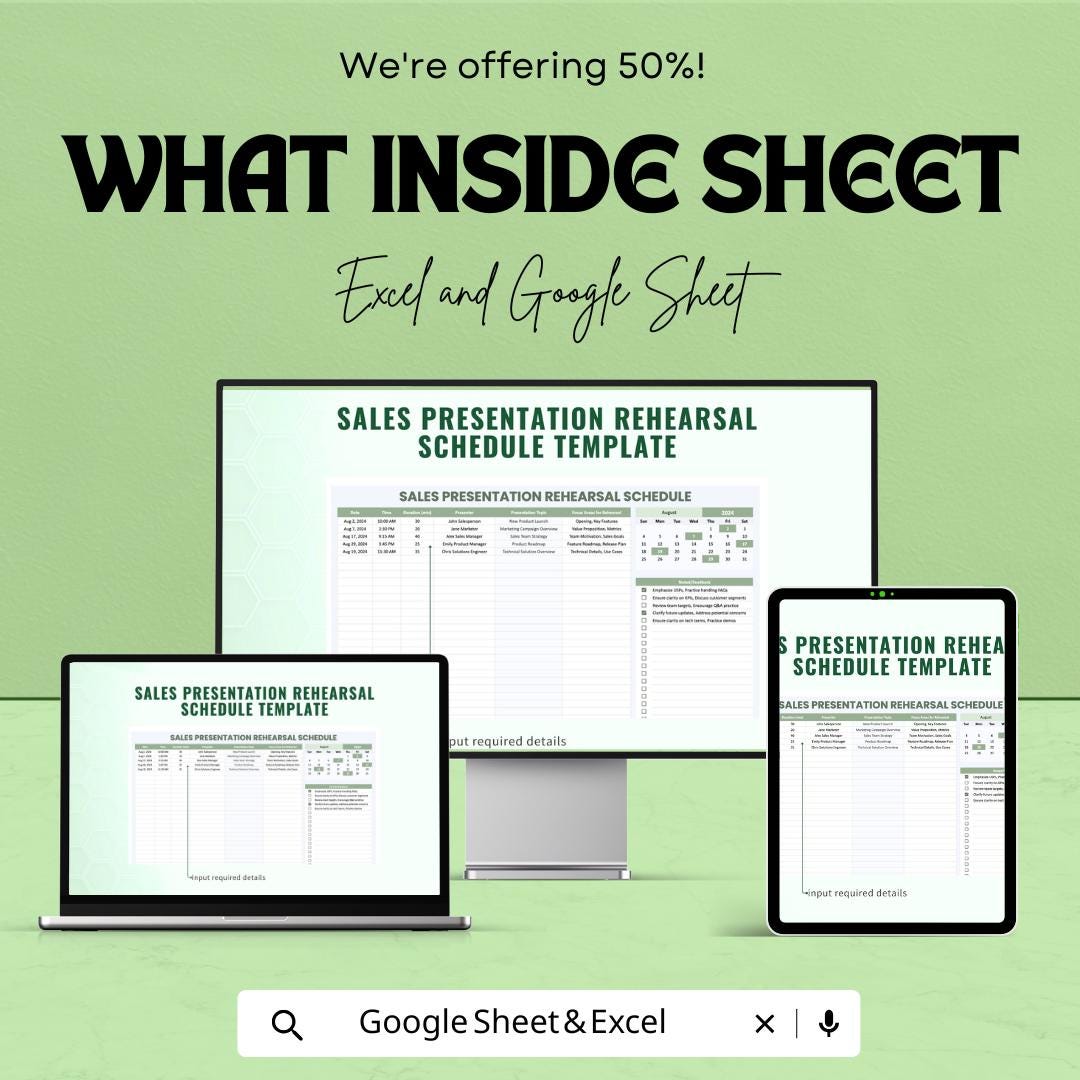 Sales Presentation Rehearsal Schedule Template | Sales Meeting Planner | Presentation Practice Schedule | Digital Download
