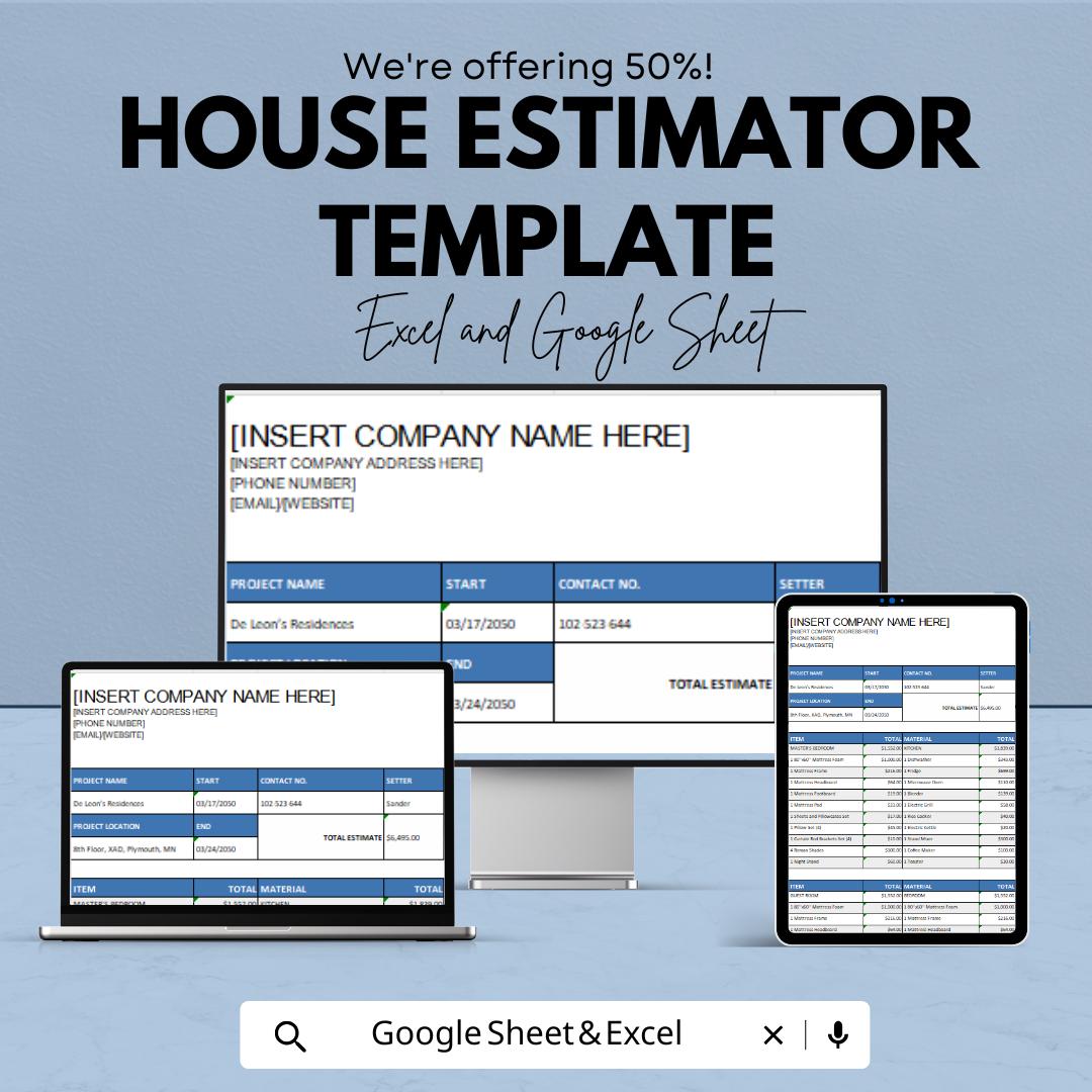 House Estimator Template | Construction Cost Estimate sheets | Home Building Budget Planner | Excel & Google Sheet Project Estimation Tool