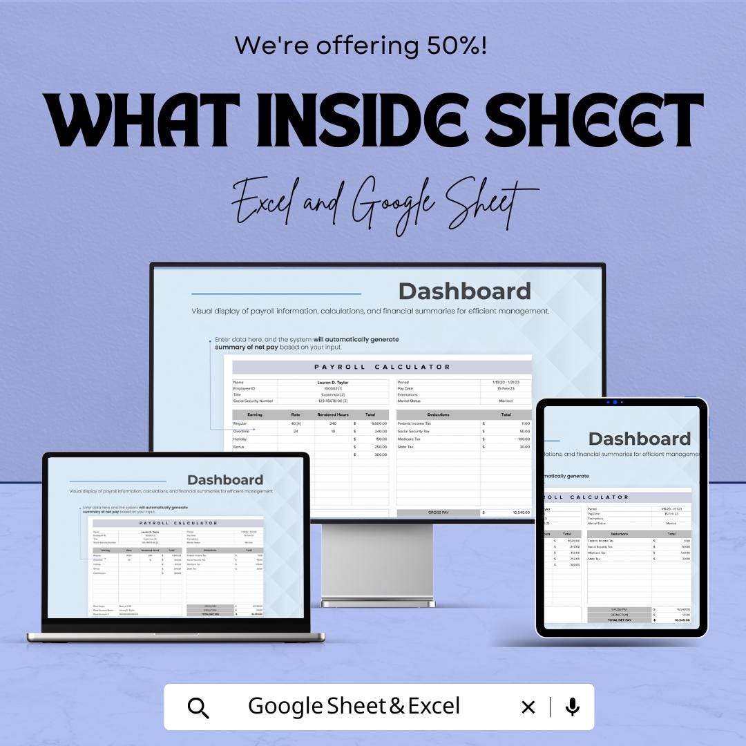 Payroll Calculator Sheet | Excel & Google Sheet | Calculate Earnings, Taxes, Deductions, and More | Easy-to-Use Payroll Management Template