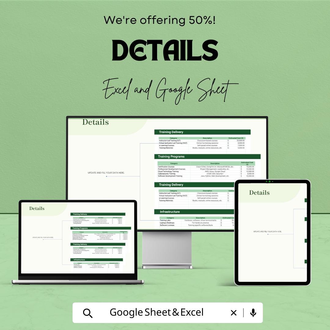 IT Training Budget Template, Excel & Google Sheets, Employee Training Planner, Corporate Budget Spreadsheet, IT Expense Tracker