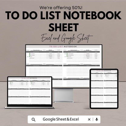 To Do List Notebook Sheet for Excel and Google Sheets – Task Manager, Checklist Tracker, Productivity Planner
