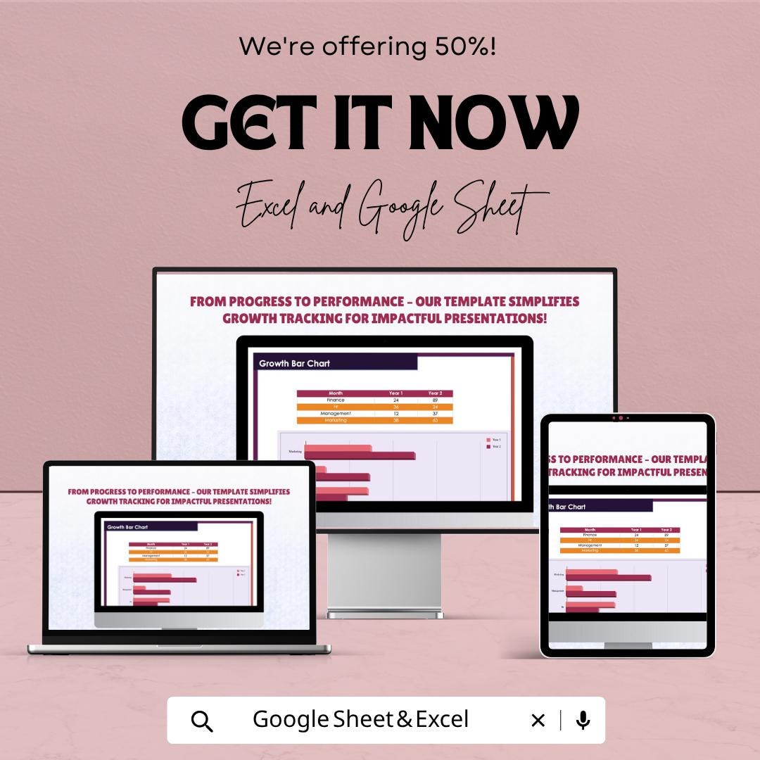 Growth Chart Template Excel & Google Sheets | Sales Growth Tracker | Performance Dashboard Spreadsheet | KPI Report Bar Chart Template