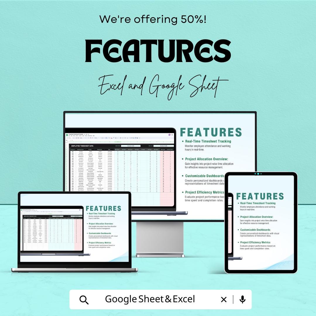 Timesheet Dashboard - Employee Timesheet Tracker - Google Sheet Template - Time Management Dashboard - Task & Project Tracking Sheet