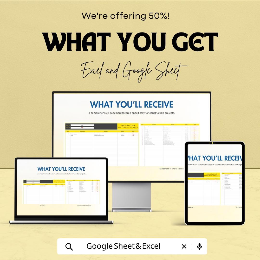 Construction Statement of Work Template | SOW Template | Project Scope Tracker | Construction Planner | Task & Timeline Sheet
