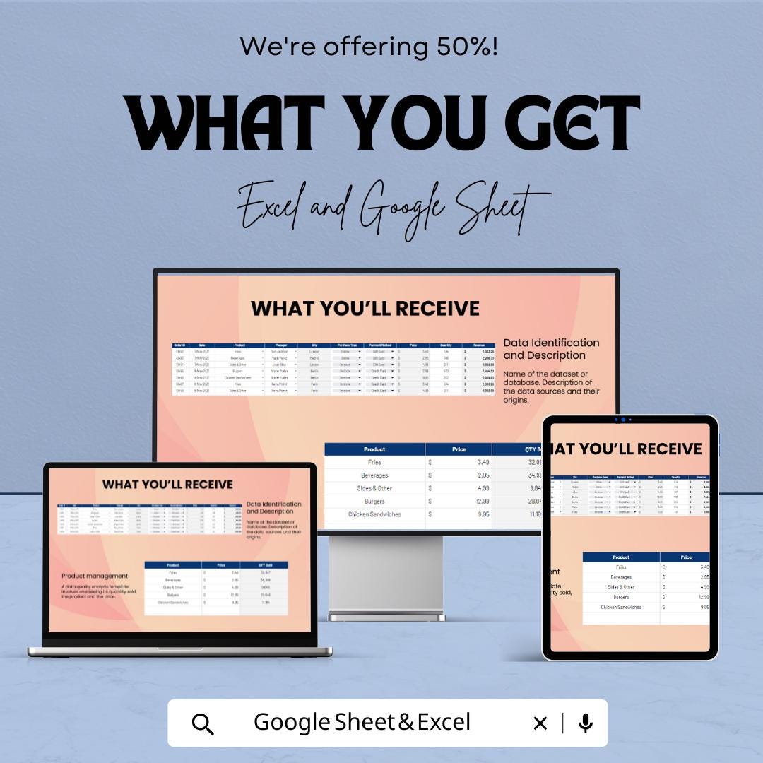 Data Quality Analysis Template | Data Analysis Spreadsheet | Data Quality Dashboard | Excel & Google Sheets