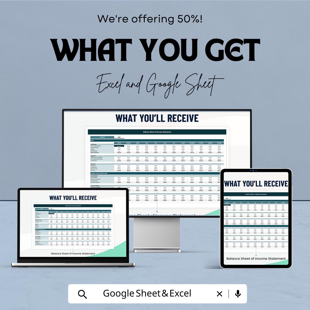 Balance Sheet & Income Statement Template | Excel and Google Sheets | Financial Statement Template | Business Accounting Spreadsheet