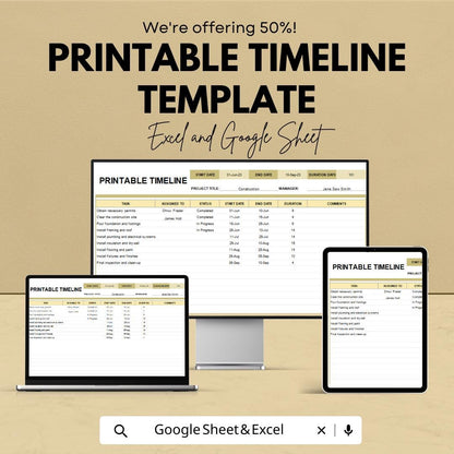 Printable Timeline Template | Project Schedule Excel & Google Sheet | Task Tracker | Editable Project Planner Spreadsheet