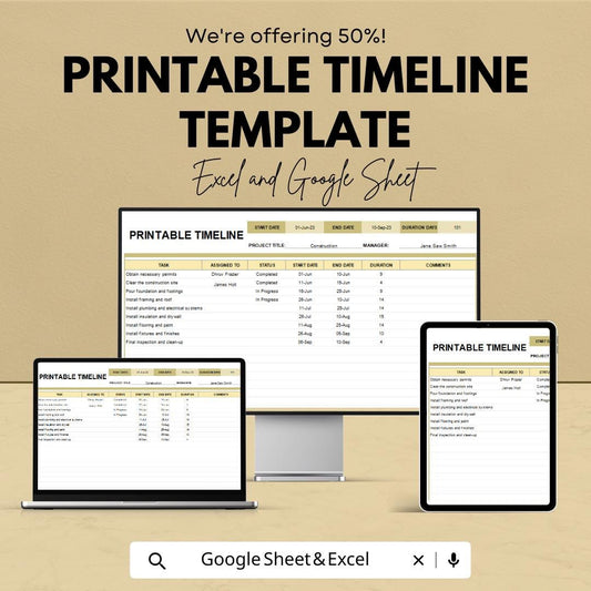 Printable Timeline Template | Project Schedule Excel & Google Sheet | Task Tracker | Editable Project Planner Spreadsheet