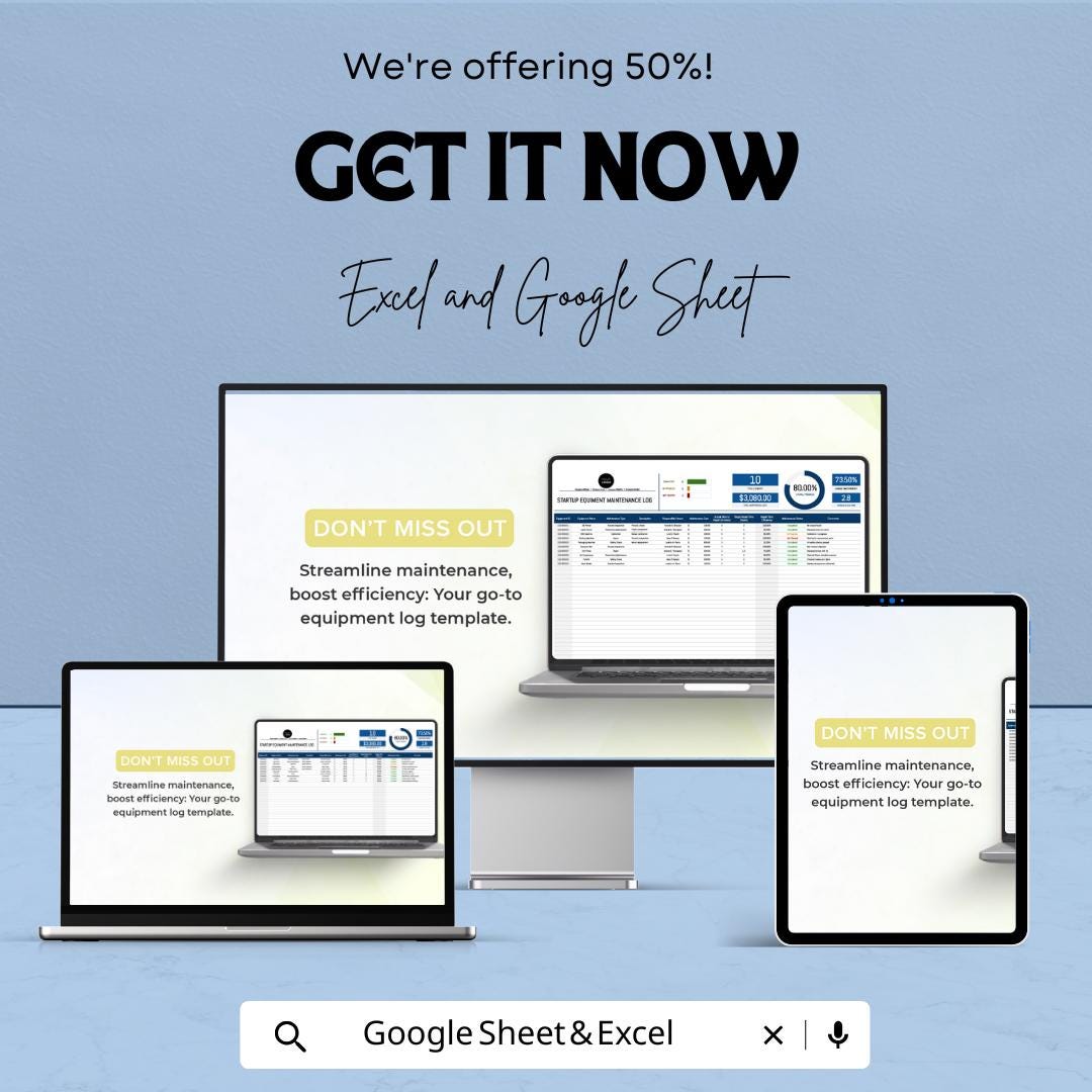 Startup Equipment Maintenance Log Template | Excel & Google Sheets | Equipment Tracking Spreadsheet | Maintenance Record System