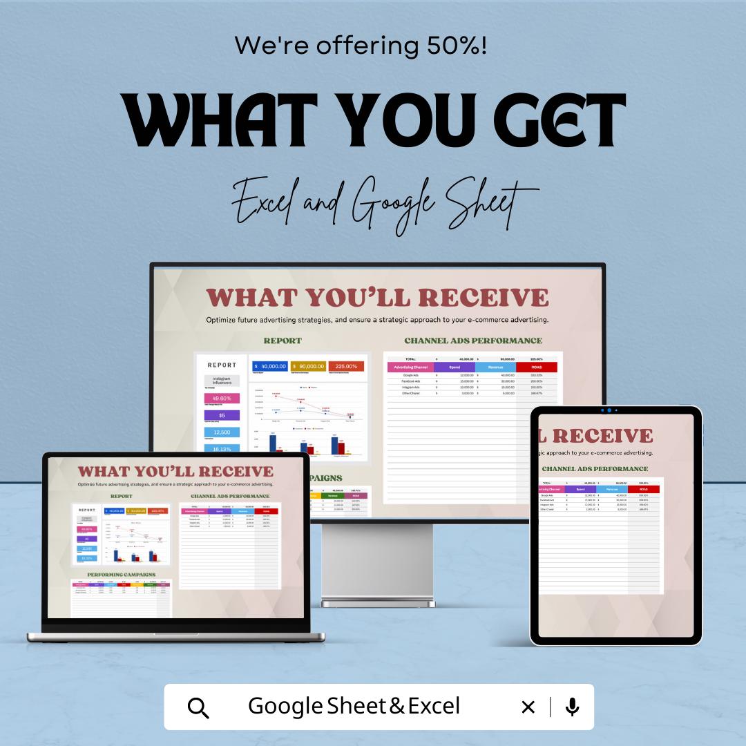 E-commerce Advertising Report Template | Excel & Google Sheets Ad Performance Tracker | Marketing Analytics Spreadsheet | ROAS Report