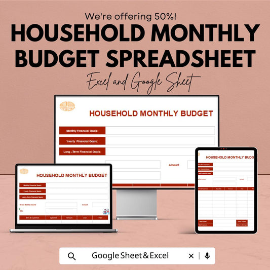 Household Monthly Budget Spreadsheet - Google Sheet | Personal Finance Planner | Monthly Budgeting Template for Household Expenses |
