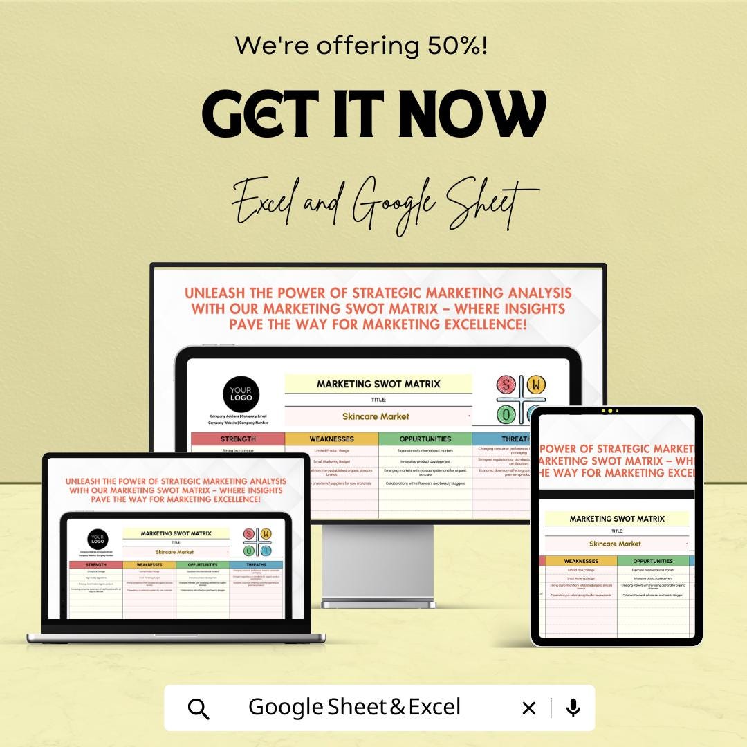 Marketing SWOT Matrix Template | SWOT Analysis Tool | Marketing Strategy Planner | Strengths Weaknesses Opportunities Threats Template