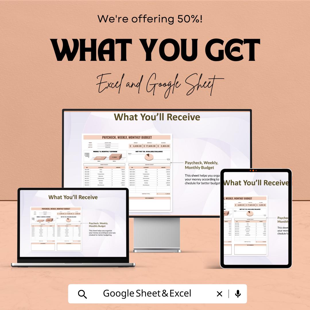 Paycheck, Weekly, Monthly Budget Spreadsheet | Excel and Google Sheets | Personal Finance Tracker | Expense & Income Organizer