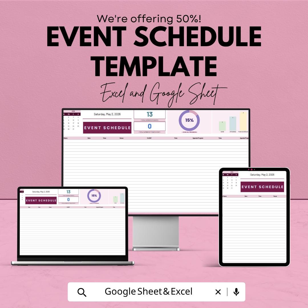 Event Schedule Template | Event Planning Spreadsheet | Google Sheets Event Planner | Excel Event Management Template |