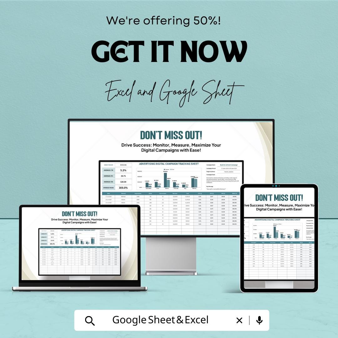 Advertising Campaign Tracking Sheet Template | Digital Ad Performance Tracker ROAS CTR CPC Analyzer | Marketing Campaign Dashboard