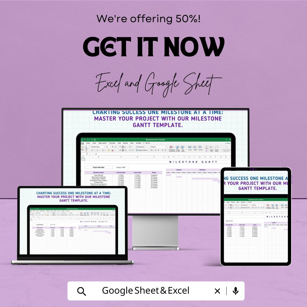 Milestone Gantt Chart Template | Project Timeline Planner | Google Sheets and Excel | Editable Project Plan | Task & Milestone Tracker