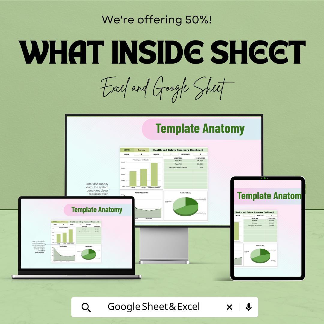 Health and Safety Dashboard Template | Workplace Safety Tracker | Incident & Compliance Dashboard Excel and Google Sheets