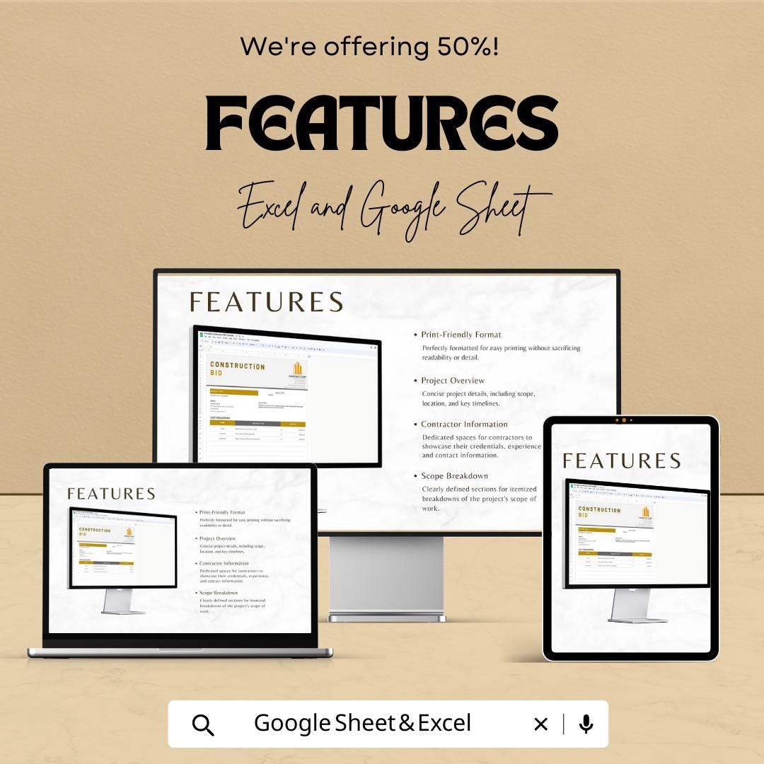 Construction Bid Template | Contractor Bid Form | Project Estimate Sheet | Construction Proposal Template | Excel Google Sheets Template