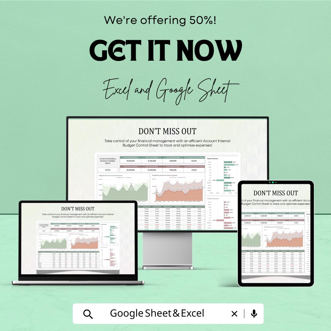 Account Internal Budget Control Sheet Template | Business Finance Tracker | Budget Planner | Expense & Revenue Dashboard